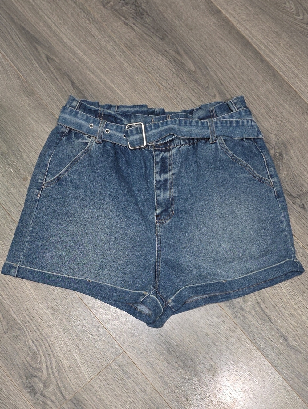 High-Rise Denim Paperbag Shorts with Belt